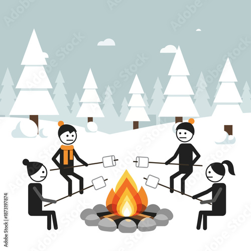 Four stick figures roasting marshmallows around a campfire in a snowy winter forest scene.
