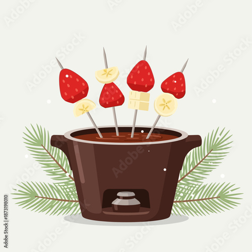 Chocolate fondue pot with fruit skewers, strawberries and bananas, and pine branches.