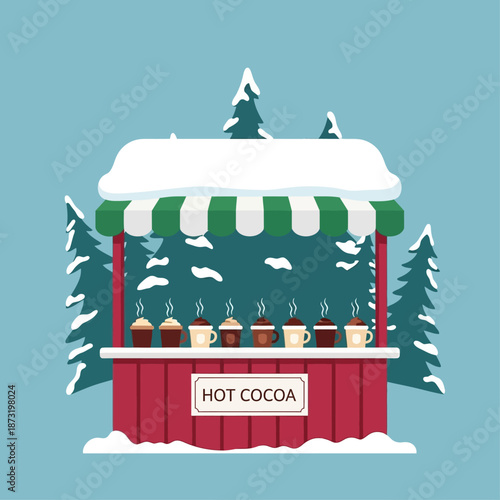A charming illustration of a red hot cocoa stand covered in snow, with steaming mugs and pine trees in a winter landscape.