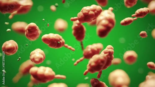 Abstract microscopic structures floating against a vibrant green background