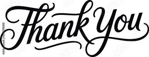 Elegant black script displaying a Thank You message with beautiful flourishes on a pure white background