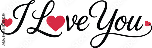 Elegant black script spells I Love You adorned with three red hearts on a clean white space
