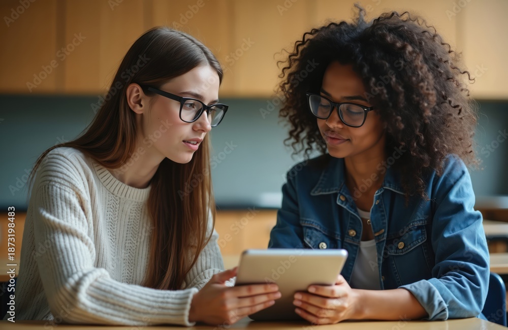 Fototapeta premium Two young women, diverse ethnicity, wear glasses and study together in classroom. They look at tablet device and talk, sharing information for school project. Collaboration and learning.
