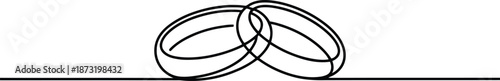 Elegant continuous line drawing depicts two interlocking wedding rings symbolizing enduring love and commitment