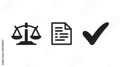 Justice Symbols in Minimalist Style with Simple Black Silhouette on White Background for Legal Documents