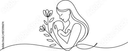 Elegant minimalist line drawing depicts a loving mother tenderly holding her precious newborn baby