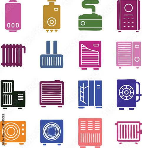 Colorful icons of various heating and cooling appliances isolated on a transparent background for home and office use