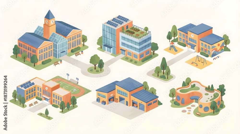 Fototapeta premium Isometric school campus illustration with classrooms,sports field,library and eco-friendly building for education and learning concept