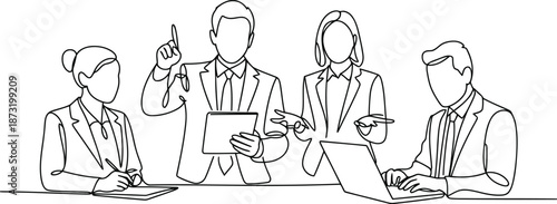 Four business professionals collaborate during a team meeting, discussing ideas and working on their devices