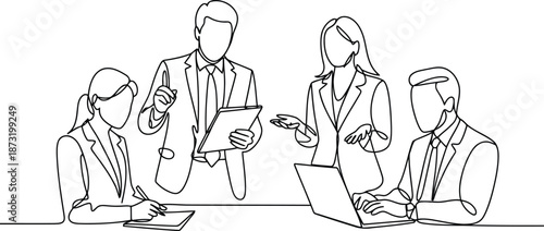 Four business professionals collaborate during a team meeting, illustrated with a continuous single line drawing style