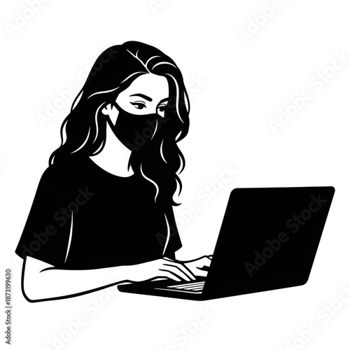 woman with long hair wearing face mask working on laptop computer illustration