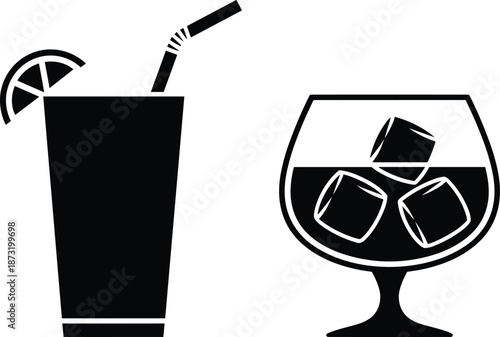 Cocktail and juice glass silhouettes illustration, black and white beverage icons with ice cubes, lemon slice, minimal vector design for bar cafe menus