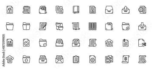 Documents icon set. Vector file management icons. Includes padlock, calendar, file, folder, cloud, email, edit, search, printer and more. Editable stroke.