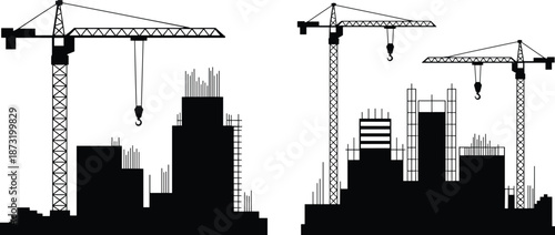 Construction site skyline silhouette illustration set, black and white tower cranes and unfinished buildings, minimal vector design for architecture, engineering, urban development concepts