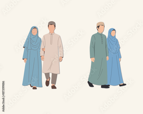 Muslim Couple Walking Together in Modest Clothing