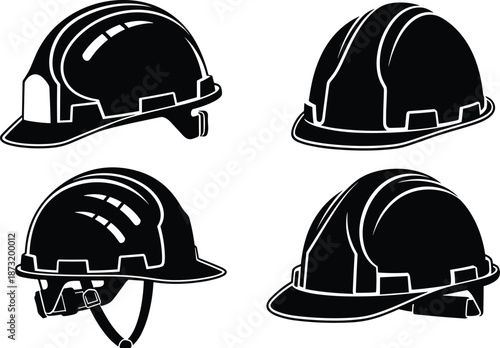 Construction safety hard hat vector icons, industrial protective helmet silhouettes set, worker safety equipment illustration isolated on white background