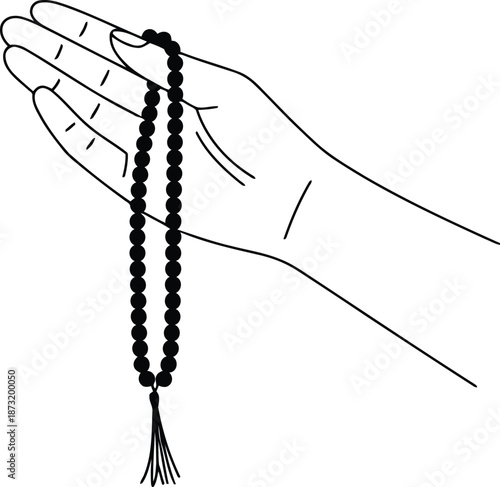 Minimalist outline illustration showing an open hand gently holding a string of prayer beads with a tassel