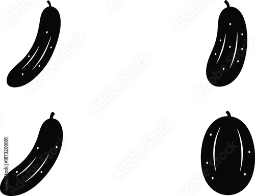 Cucumber silhouette illustration, vegetable icon set, black and white cucumber shapes, botanical clipart, farming graphic, organic produce design