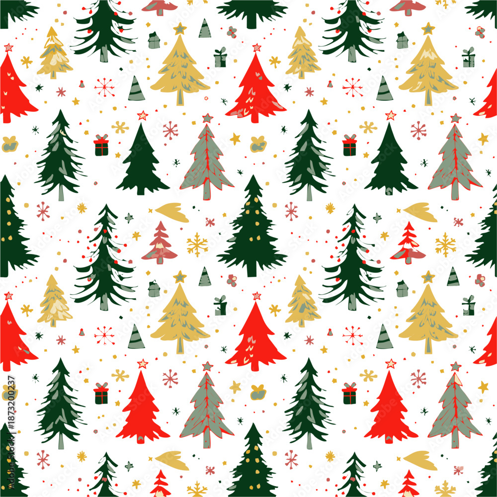Obraz premium Seamless festive pattern featuring colorful stylized Christmas trees, snowflakes, stars, and gifts on white background, perfect for seasonal wrapping paper, holiday decor, and cheerful design.