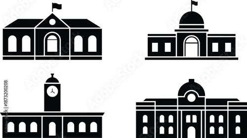 Government and public building silhouette icons set, black and white institutional architecture illustration, minimal vector design for civic, education, administration concepts