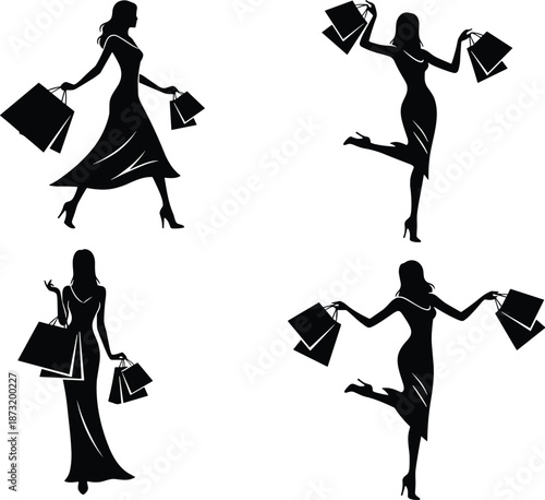 Fashionable women silhouettes with shopping bags, stylish poses, retail lifestyle, elegant dresses, consumerism concept, black vector illustration design