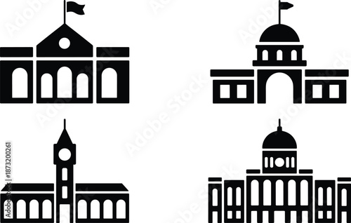 Government and public building silhouette icons collection, black and white civic architecture illustration set, minimal vector design for administration, education, official institution concepts