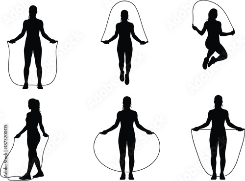 Jump rope silhouettes, fitness exercise, cardio workout, active lifestyle, black figures, motion poses, training routine, health activity, gym movement, sport icons