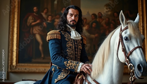 Illustration of nobleman in historical costume on white horse. Richly dressed man with beard poses. He sits near painting. Scene embodies heritage tradition power and royalty.
