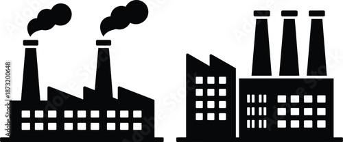 Industrial factory and power plant silhouette icons set, black and white manufacturing buildings with smokestacks, minimal vector illustration for industry, energy, pollution concepts