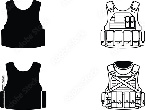 Tactical vest silhouette and detailed gear illustration, military equipment, combat apparel, survival gear, black outline, line drawing comparison