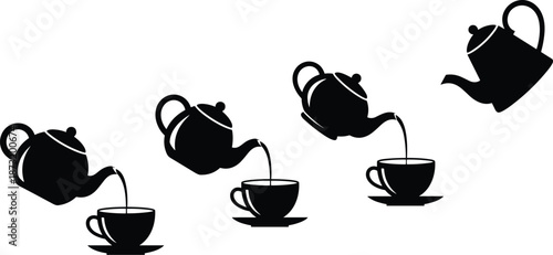 Tea pouring sequence, teapot silhouette, elegant tea service, black vector icons, minimalist kitchen decor, beverage illustration, tea ceremony art