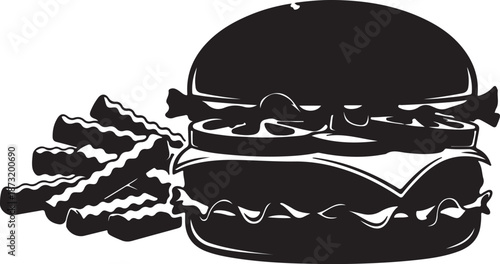 Burger with french fries meal illustration isolated on transparent background in monochrome style