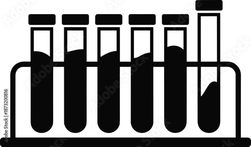 Laboratory test tubes rack silhouette illustration, black and white science experiment equipment icon, medical research, chemistry, biology lab concept, minimal vector design