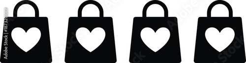 Love shopping bag silhouette icon set with heart symbol for Valentine gifts, romantic retail branding, wedding favors and modern ecommerce design
