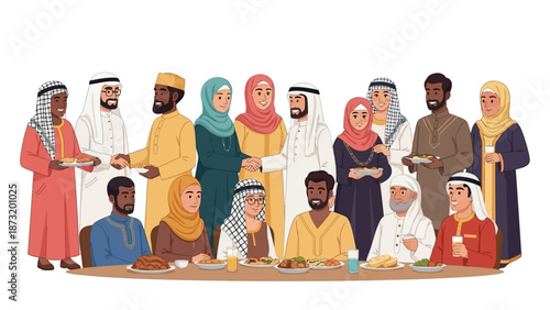 A vibrant illustration showcasing a diverse community gathered for a joyous communal meal, highlighting tradition, togetherness, and cultural harmony