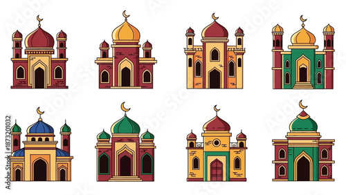 Collection of colorful cartoon mosques with domes and minarets, perfect for Islamic celebrations and architectural themes
