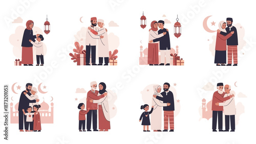 Heartwarming scenes of diverse Muslim families celebrating a religious holiday, exchanging gifts, and sharing joyful embraces, depicting cultural traditions and togetherness