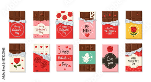 Collection of Valentine's Day chocolate bar wrappers with romantic designs and heartfelt messages