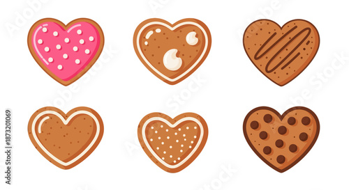 A sweet set of six heart cookies, decorated with icing, sprinkles, and chocolate. Great for Valentine's Day, love themes, and festive celebrations