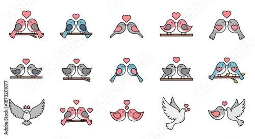 Charming collection of flat design love bird icons depicting romantic avian pairs with heart symbols, celebrating affection, togetherness, and commitment in a delightful, vector style