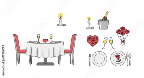 Vector set of romantic dinner and Valentine's Day celebration elements. Includes a set table, champagne, candles, red roses, and chocolates for a loving date