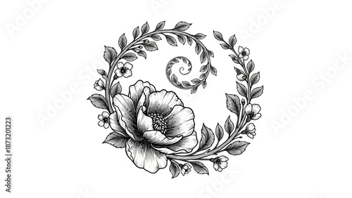 Floral Flourish: A delicate botanical illustration of a flourishing flower, meticulously crafted with intricate detailing, showcases the artistry of nature's beauty and elegance.