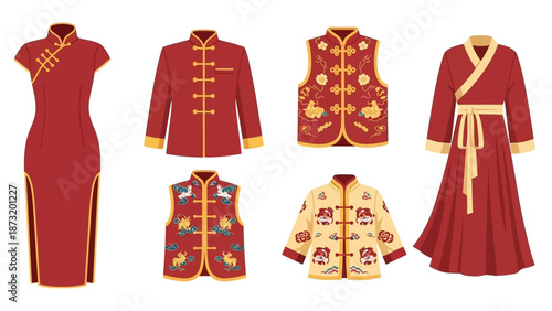 Collection of Traditional Chinese Clothing Featuring Red and Gold Accents, Including Dresses and Vests