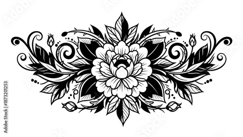 Elegant Floral Design: A graceful monochromatic floral design, featuring intricate details of a bloom, leaves, and swirls, perfect for artistic expression.
