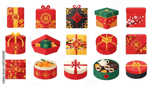 A vibrant assortment of festive Chinese gift boxes, adorned with traditional patterns and symbols of prosperity, perfect for Lunar New Year celebrations and joyful gifting