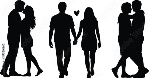 Romantic couple silhouettes in love, man and woman holding hands, hugging and kissing, black and white vector illustration for valentine and relationship concepts