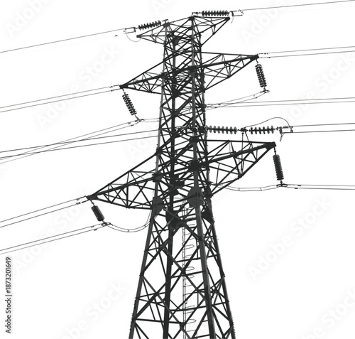 High voltage electricity transmission tower pylon vector illustration with power lines isolated on white background for industrial energy infrastructure.