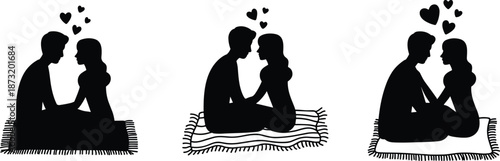 Romantic couple sitting face to face on blanket with floating hearts, love relationship silhouette illustration for Valentine’s Day, dating, intimacy, and romance concept