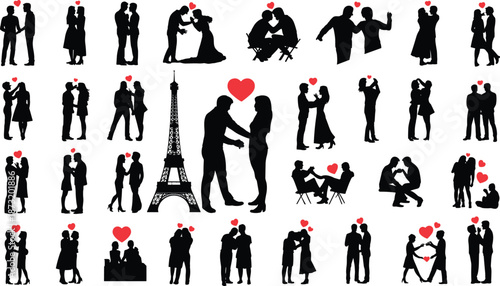 Romantic couples silhouette set with Eiffel Tower and red hearts, Paris love scenes for Valentine’s Day, wedding romance illustration collection