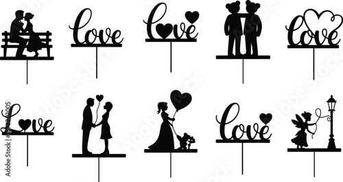 Romantic love cake topper silhouettes with couples, love lettering, hearts and fairy figures for wedding cakes, Valentine celebrations and romantic party decorations